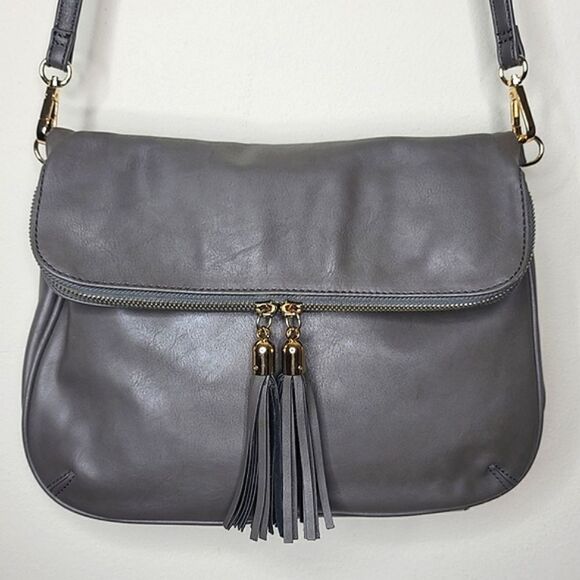 Grey & Gold Vegan Leather Front-Flap Fringe Zip Crossbody Purse - Picture 1 of 10